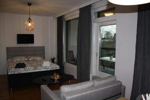 ein Wohnzimmer mit einem Bett und einer Couch in der Unterkunft Cozy and modern studio in a top location in Turku