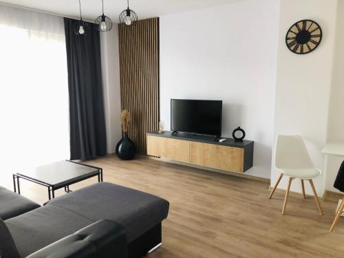 a living room with a couch and a flat screen tv at Sunset view Armoniei Apartament in Timişoara