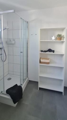 a bathroom with a shower and a glass shower stall at Delikanto Apartments in Unterlüß