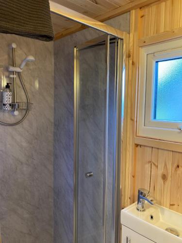 a shower with a glass door in a bathroom at Shepherd's hut 2 at Braebost Croft in Portree