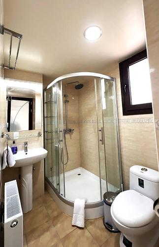 a bathroom with a shower and a toilet and a sink at Kyperounta Heights - Breathtaking View in Kyperounda
