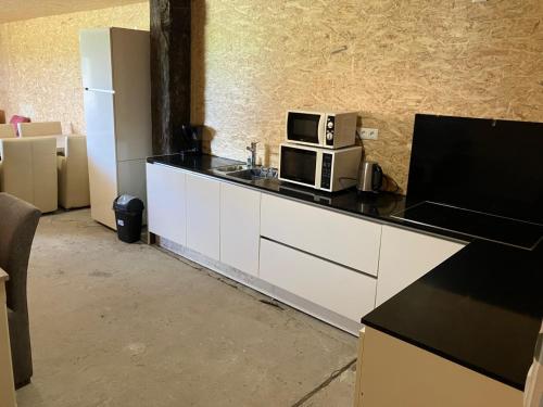 KlundertDe Keet op een boerencamping的厨房配有带微波炉的台面