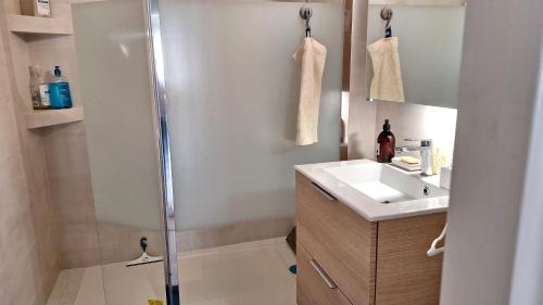a small bathroom with a shower and a sink at Vaste appartement avec vue sur le port de plaisance in Arcachon