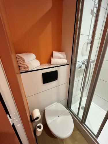a small bathroom with a toilet and a shower at Unisotel Lyon Bron Eurexpo in Bron