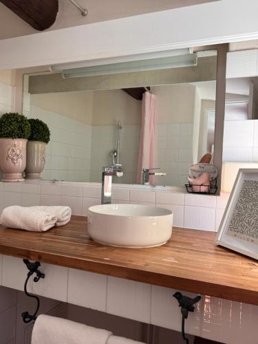 a bathroom with a sink and a mirror at Logis Hotel le Mas De Cure Bourse in L'Isle-sur-la-Sorgue