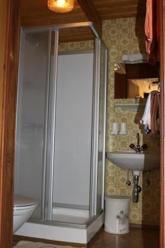 a bathroom with a shower and a sink at Gästehaus Tinkl in Kals am Großglockner