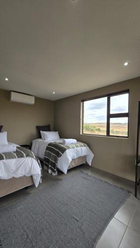 a bedroom with two beds and a window at Izinga Game Karoo Guest Farm in Philipstown