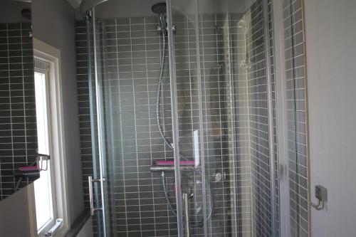un bagno con doccia e piastrelle nere di Weideveld 60 Michelle a Den Burg