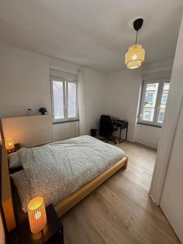 a bedroom with a bed and a desk and windows at Colmar St Joseph Nature Cocoon in Colmar