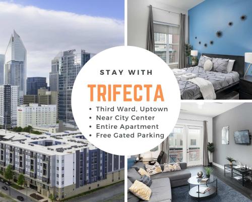 a collage of photos of a hotel room with a city center at Trifecta Luxury Serviced Apartment in Uptown CLT in Charlotte