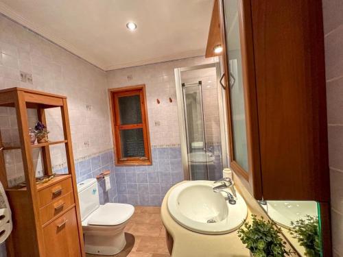 un bagno con lavandino, WC e doccia di Vinya del mar a Deià