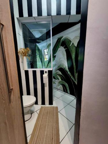 ein Badezimmer mit Toilette und Spiegel in der Unterkunft Hello Sunshine Studios in Nelspruit