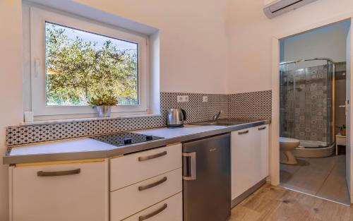 eine Küche mit Spüle und Fenster in der Unterkunft Cozy holiday home Ella Nature with pool near the beach in Peroj