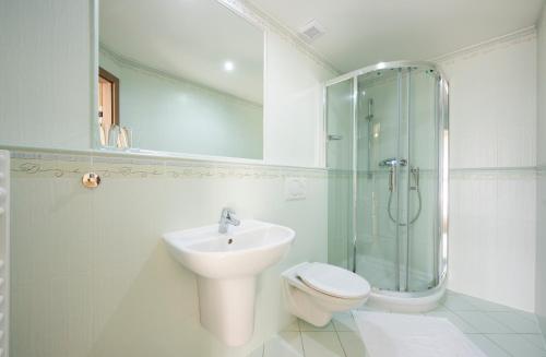 a bathroom with a sink and a toilet and a shower at Hotel Lučivná in Lučivná