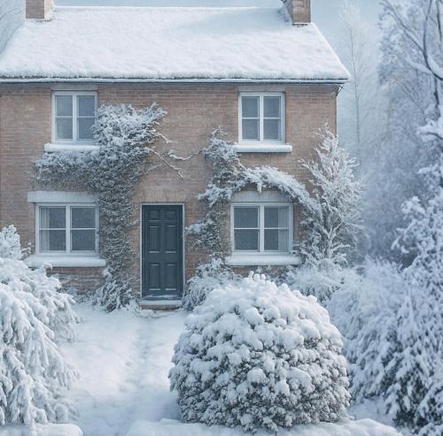 una casa coperta di neve davanti ad essa di King Arthur's Rest House, Hot Tub & Garden Sleeps 10 a South Cadbury