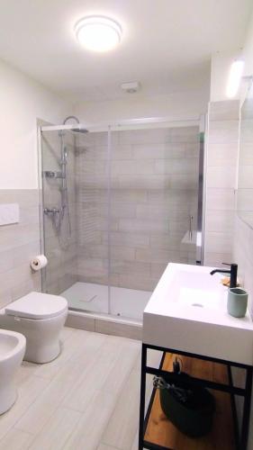 a bathroom with a shower and a toilet and a sink at B&B La Barbatella in Palazzo Canavese