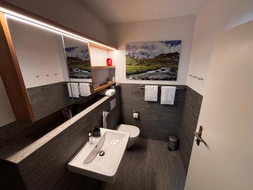 a bathroom with a sink and a toilet at Bergnest 4 in Bivio