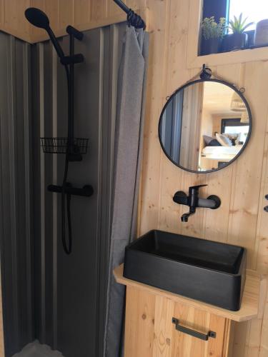 a bathroom with a black sink and a mirror at Tiny House Prättigau GR in Grüsch
