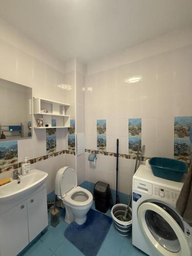 a bathroom with a toilet sink and a washing machine at Neue Wohnung in Sittensen