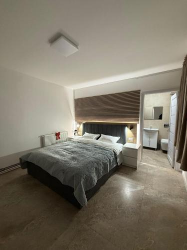 ein Schlafzimmer mit einem großen Bett mit einem großen Fenster in der Unterkunft Casa Cota in Craiova