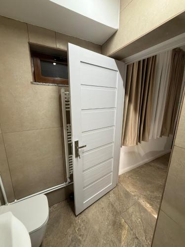 a bathroom with a white door and a toilet at Casa Cota in Craiova