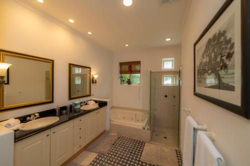 Isla HerraduraにあるBella Vista 3C 3 bdrs ocean view in Los Suenosの洗面台、シャワー、浴槽を備えたバスルーム