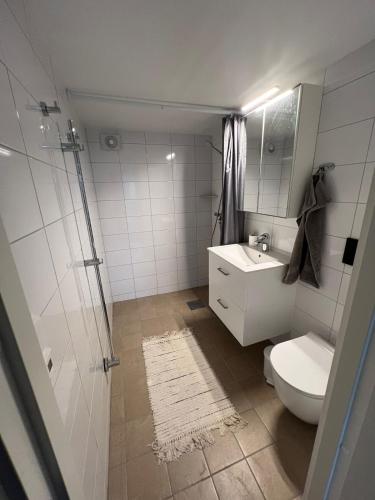 Un baño con inodoro, lavabo y ducha. en Apartment with open floor plan, en Gävle