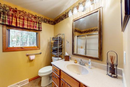 un bagno con lavandino, WC e specchio di Manitowish Mike’s a Manitowish Waters