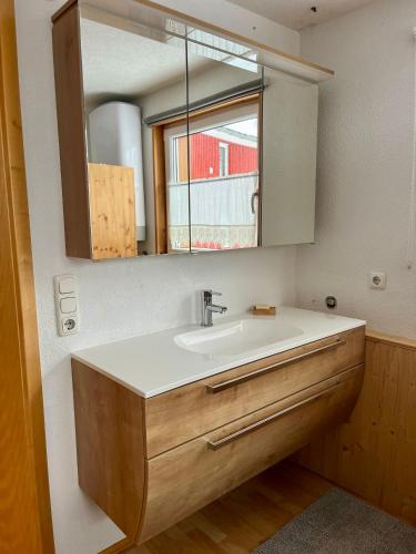 a bathroom with a sink and a mirror at Ferienwohnung Fink in Langenegg