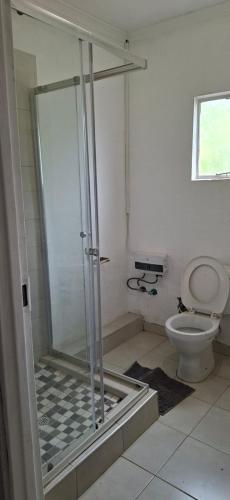 a bathroom with a shower and a toilet at Magoveni Accommodation in Mariveni