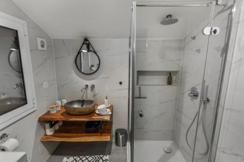 a bathroom with a shower and a sink at Chalet 8p Villars-sur-Ollon, Parking et Jardin in Ollon