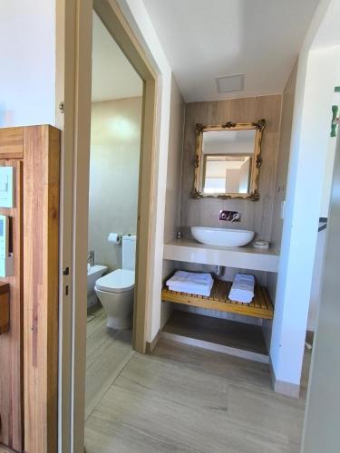 a bathroom with a sink and a toilet and a mirror at Tiké in Ostende