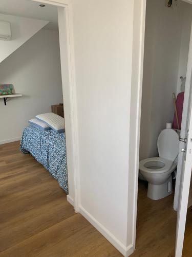 圣丹尼斯Appartement T2 lumineux au cœur du centre-ville的一间小卧室,配有一张床和一个卫生间