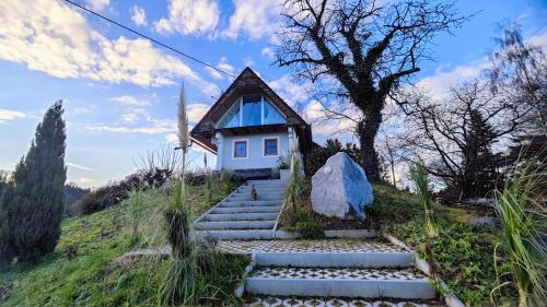 Una pequeña casa en la cima de una colina con escaleras. en Ferienhaus am HerbstHof, en Leutschach