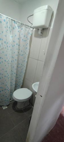 un bagno con un water e una tenda da doccia di Guazubira a Guazuvirá