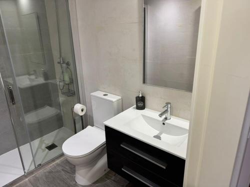 Un baño con inodoro, lavabo y ducha. en Andimi Don Diego #2, en Toledo