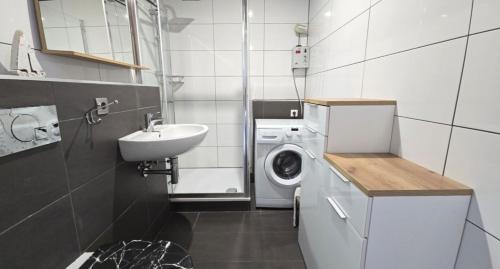 ein kleines Badezimmer mit Waschmaschine und Waschbecken in der Unterkunft Ferienwohnung Möwe in Schönberg