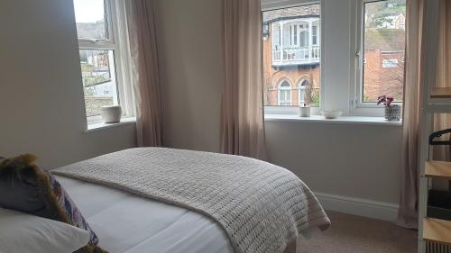 ein Schlafzimmer mit einem Bett und zwei Fenstern in der Unterkunft The Meads in Ilfracombe