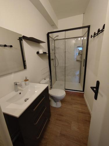 a bathroom with a toilet and a sink and a shower at T2 d'Anne proche plage et marché in La Baule