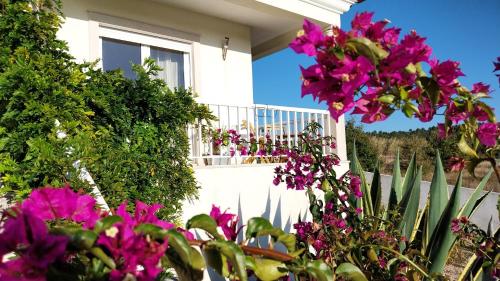 a white house with pink flowers and a fence at Casa da Alegria Boutique Guest Suite in Caldas da Rainha