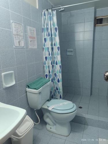 a bathroom with a toilet and a shower at HOTEL San Antonio in Puno
