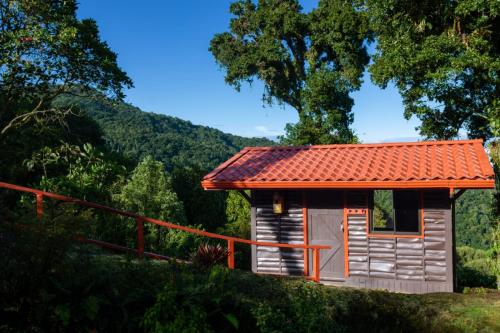 Tres de JunioにあるParaíso Quetzal Lodgeの丘の上にあるオレンジ色の屋根の小さな小屋