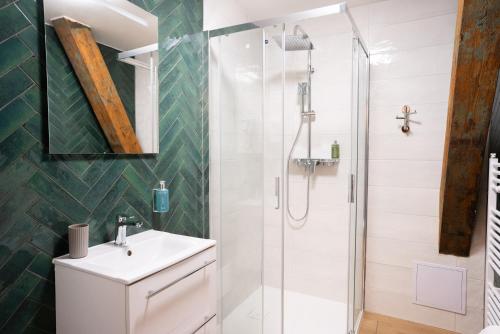 a bathroom with a sink and a shower at Zámecká Konírna Hotel a Restaurace in Liberec