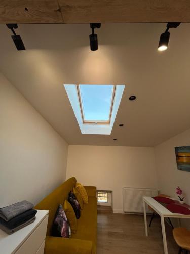 een woonkamer met een bank en een dakraam bij Hola Apartamenty Rewolucji 1905r in Łódź