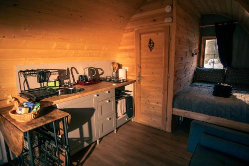 a kitchen with a sink and a bed in a cabin at Green Oak Nature Retreat in Dunfermline