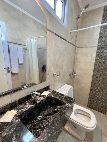 a bathroom with a sink and a toilet at Hotel Don Luis in Paso de los Libres
