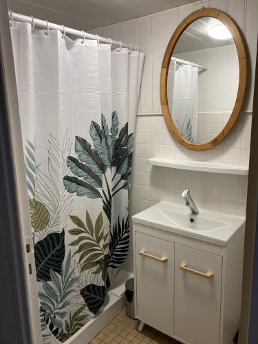 a bathroom with a shower curtain with a sink and a mirror at T2 Vassiviere in Le Lioran