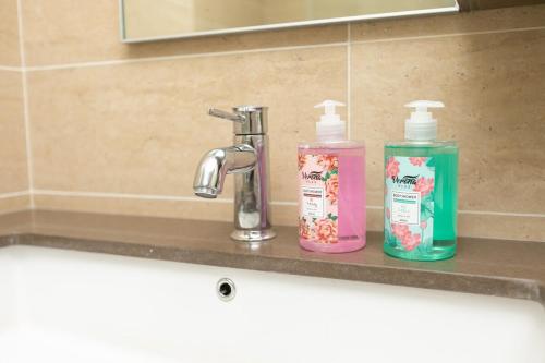 峇都丁宜By The Sea Haven 2BR 6pax的浴室水槽内备有两瓶肥皂