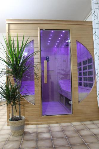 une porte violette avec une plante dans une pièce dans l'établissement Gîte de l'Arnes, 