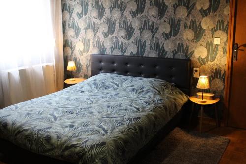 un lit dans une chambre avec deux lampes sur des tables dans l'établissement Gîte de l'Arnes, 